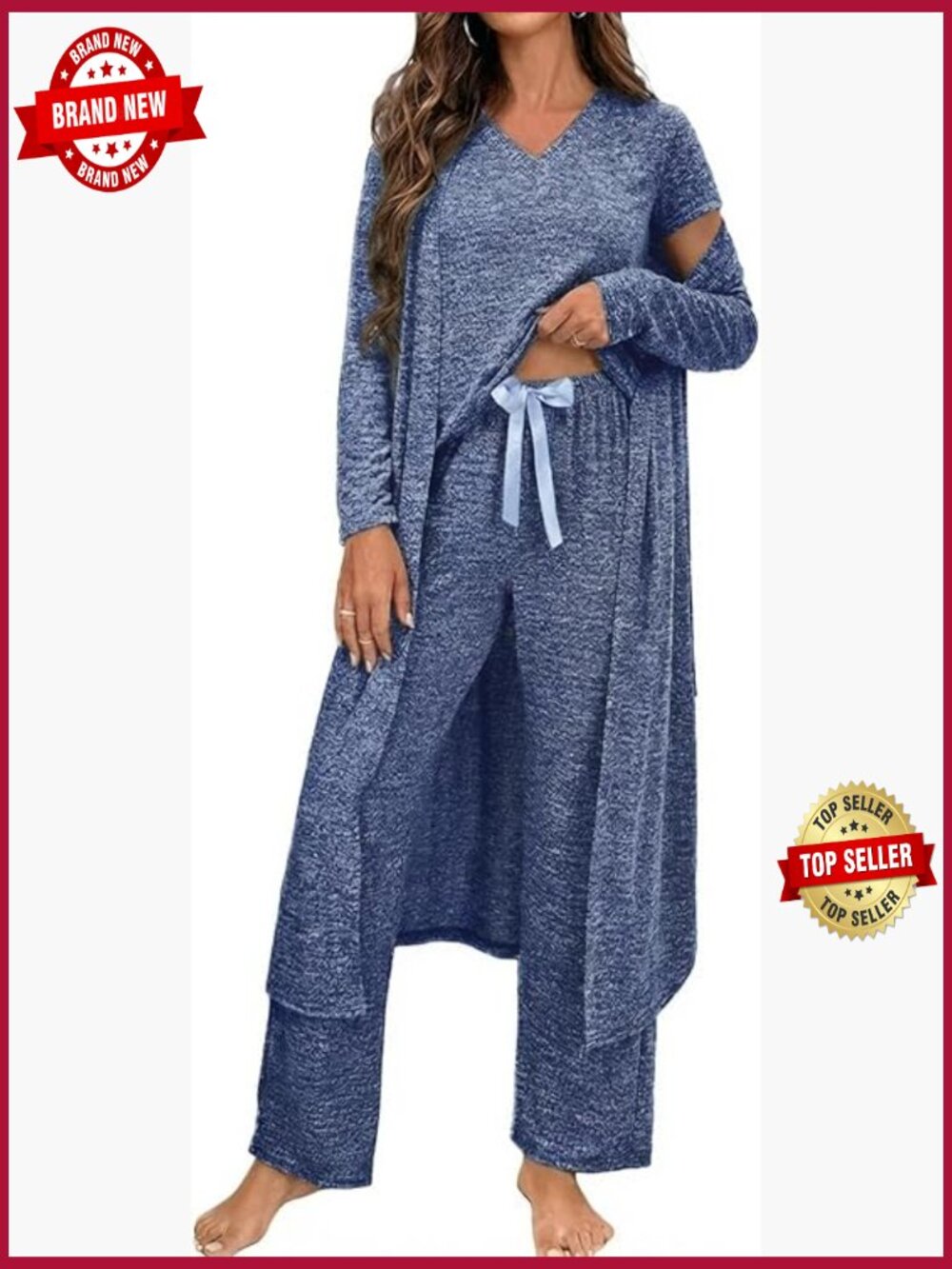 3 Piece Knitted Pajama Set with Cardigan Lounge Sleepwear
